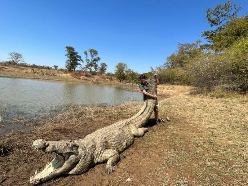 Huntress holding tail of crocodile hunted