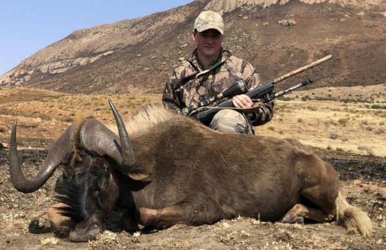 Man posing with his game hunting trophy, a black wildebeest