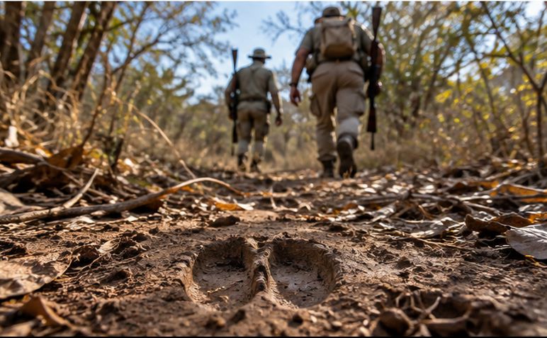 Hunters following fresh Cape buffalo spoor through Zimbabwean bushveld.jpg